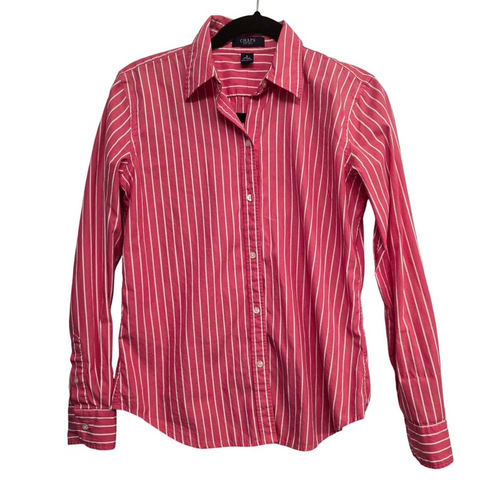 Chaps Pink White Stripe Button Up Shirt Women's S Cotton Preppy Coastal Classic - Picture 1 of 7